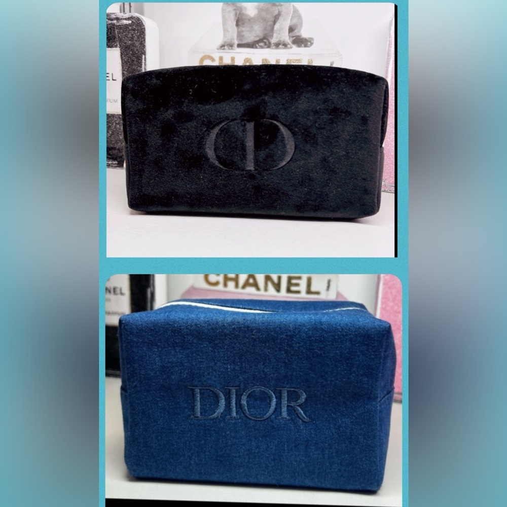 2 Christian Dior cosmetic bags. Denim and black velvet.